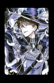 1boy :d belt bird black_gloves black_hair black_shirt brooch cape collared_shirt dove falling_feathers feathers gloves grin hair_between_eyes hand_up hat hat_feather highres jewelry kim_dokja male_focus motion_blur omniscient_reader&#039;s_viewpoint open_mouth shirt short_hair smile solo too_many too_many_birds toupou39 upper_body wizard