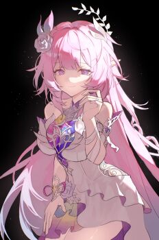 1girl bare_shoulders black_background breasts cyrene_(honkai:_star_rail) cyrene_(ripples_of_past_reverie)_(honkai:_star_rail) diamond-shaped_pupils diamond_(shape) dodosaae dress flower hair_flower hair_ornament hashtag-only_commentary highres honkai:_star_rail honkai_(series) large_breasts long_hair looking_at_viewer pink_hair purple_eyes solo symbol-shaped_pupils very_long_hair white_dress