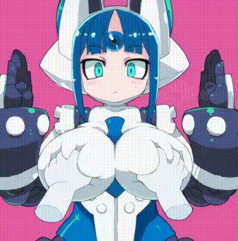 1girl 1other 20s android animated animated_gif aqua_eyes blue_hair breast_massage breasts disembodied_hand disgaea expressionless female_focus forehead_jewel grabbing_another's_breast groping heart helmet japanese_text joints large_breasts looking_at_viewer looping_animation makai_senki_disgaea_6 mecha_girl_(disgaea) outstretched_arms pink_background robot_joints short_hair sidelocks simple_background solo_focus spread_arms standing staring upper_body zankuro