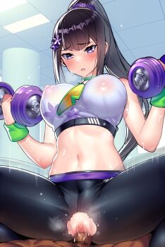 1boy 1girl afterimage black_hair black_pants blue_archive blush breasts breath ceiling censored choker clothed_sex commentary covered_erect_nipples cowgirl_position crop_top dark-skinned_male dark_skin dumbbell exercising eyewear_hang feet_out_of_frame flower furrowed_brow girl_on_top green-framed_eyewear green_choker hair_flower hair_ornament hair_scrunchie hetero highres holding holding_dumbbell kanjy00u large_breasts long_hair looking_down mosaic_censoring motion_lines navel nipples no_panties pants parted_lips penis ponytail pov purple_eyes purple_scrunchie pussy pussy_juice scrunchie sex shirt solo_focus spread_legs steaming_body stomach straddling sumire_(blue_archive) sunglasses sweat sweatband tight_clothes tight_pants tile_ceiling tiles tinted_eyewear torn_clothes torn_pants unworn_eyewear vaginal weightlifting wet wet_clothes wet_shirt white_shirt yellow-tinted_eyewear yoga_pants