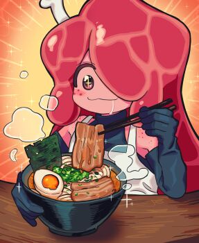 1girl :3 apron black_gloves bone chopsticks colored_skin commentary drooling flesh food gloves hair_over_one_eye highres holding holding_chopsticks long_hair noodles orange_background original pink_eyes pink_hair pink_skin ramen rubber_gloves satanmanse solo sparkling_eyes steam turtleneck upper_body