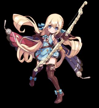 1girl belt black_background blonde_hair blue_bow blue_dress blue_eyes boots bow bow_(weapon) bowtie brown_belt brown_boots brown_gloves child cloak closed_mouth dress elbow_gloves flat_chest full_body gloves hair_between_eyes hair_bow highres holding holding_bow_(weapon) holding_weapon juilia_(merc_storia) long_hair merc_storia merc_storia_art_team official_art open_hand outstretched_arm short_dress sidelocks simple_background sleeveless sleeveless_dress solo standing striped_bow tachi-e thigh_boots thighs v-shaped_eyebrows very_long_hair weapon
