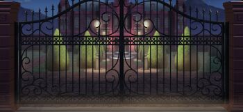 fog fountain game_cg garden gate lamppost mansion night no_humans non-web_source official_art open_mouth path road scarlet_devil_mansion scenery sky star_(sky) touhou touhou_gensou_eclipse tree