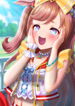1girl agnes_digital_(full-color_fangirling)_(umamusume) agnes_digital_(umamusume) animal_ears bead_necklace beads belt blue_eyes blush bow bracelet collarbone commentary_request hair_bow hands_on_own_face highres horse_ears horse_girl jewelry long_hair looking_at_viewer midriff multicolored_nails navel necklace open_mouth otono_(bkt4b) outdoors pink_hair red_belt shirt single_wrist_cuff sleeveless smile solo two_side_up umamusume white_shirt wrist_cuffs yellow_bow