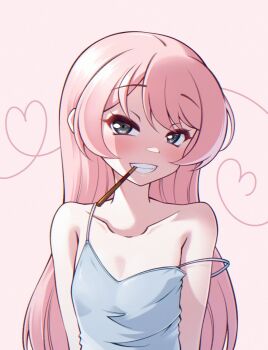 1girl bang_dream! bang_dream!_it&#039;s_mygo!!!!! camisole chihaya_anon closed_mouth commentary english_commentary fang food food_in_mouth grey_eyes heart highres jiwon_(sj1) long_hair pink_hair pocky pocky_day pocky_in_mouth simple_background solo spaghetti_strap strap_slip upper_body white_background white_camisole