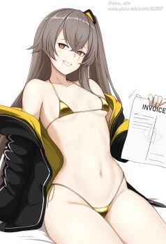 1girl 404_logo_(girls&#039;_frontline) artist_name bikini black_jacket blush breasts brown_eyes brown_hair collarbone commentary_request fingernails girls&#039;_frontline gold_bikini hair_between_eyes highres holding holding_paper jacket long_hair looking_at_viewer micro_bikini navel off_shoulder one_side_up open_clothes open_jacket paper parted_lips pixiv_id revision scar scar_across_eye scar_on_face side-tie_bikini_bottom sitting small_breasts smile solo stomach string_bikini sumi_ojie swimsuit twitter_username ump45_(girls&#039;_frontline)