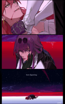 Rule 34 | 2girls, absurdres, black gloves, blood, blood from mouth, blood on face, commentary, earrings, english commentary, english text, gloves, highres, himeko (honkai: star rail), honkai: star rail, honkai (series), ivxosy, jewelry, kafka (honkai: star rail), multiple girls, neon genesis evangelion, purple gloves, purple hair, red hair, spider web print, star (sky), strangling, the end of evangelion, yellow eyes, yuri