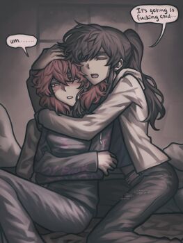 2girls ari_(class_of_09) black_hair black_shirt blush bugs_bug_me denim ear_piercing english_text hand_in_another&#039;s_hair highres hood hoodie hug hug_from_behind jeans long_hair long_sleeves multiple_girls nicole_(class_of_09) open_mouth pants piercing pink_hair ponytail red_hair shirt speech_bubble torn_clothes torn_jeans torn_pants yuri