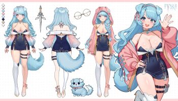 1girl animal_ears black_dress blue_eyes breasts character_name cleavage closed_mouth color_guide commentary covered_navel dog dog_ears dog_girl dog_tail dress ginptrn glasses hair_ribbon high_heels hood hooded_jacket indie_virtual_youtuber jacket long_braid long_hair long_sleeves multiple_views off_shoulder official_alternate_hairstyle open_clothes open_jacket open_mouth pink_jacket pink_ribbon pixxi_(vtuber) pouch ribbon shoes single_thighhigh smile tail thigh_pouch thighhighs virtual_youtuber white_shoes