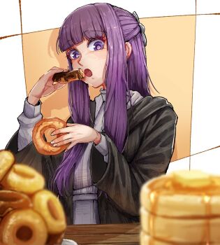 1girl black_robe butter chocolate_icing donut dress eating fern_(sousou_no_frieren) food highres holding holding_donut holding_food icing kaneko_ryou long_hair long_sidelocks open_mouth pancake purple_eyes purple_hair robe sidelocks solo souffle_pancake sousou_no_frieren syrup white_dress