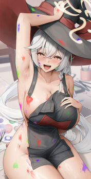 1girl absurdres apron arm_up armpits black_apron blue_archive blush breasts brown_eyes bsmage collarbone commentary crossed_bangs eri_(blue_archive) hair_between_eyes hat highres huge_breasts long_hair looking_at_viewer naked_apron open_mouth paint_on_body paint_palette paint_splatter paintbrush paper smile solo symbol-only_commentary teeth thighs tongue white_hair witch_hat