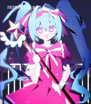 Rule 34 | 1girl, :d, absurdres, aqua hair, bow, bowtie, chromatic aberration, commentary request, cowboy shot, dated, dress, film grain, gloves, hair between eyes, hair intakes, hair ribbon, hatsune miku, highres, holding, holding wand, ima sugu rinne (vocaloid), kongbushu, long hair, looking at viewer, magical girl, open mouth, pink bow, pink dress, pink eyes, puffy short sleeves, puffy sleeves, railing, ribbon, scanlines, short sleeves, sidelocks, smile, solo, star-shaped pupils, star (symbol), star wand, striped bow, symbol-shaped pupils, twintails, very long hair, vocaloid, wand, white gloves