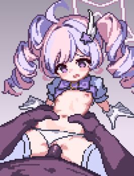 1boy 1girl ahoge blue_archive clothing_aside dasa_(bearisalive) gloves halo hetero loli long_hair lowres missionary navel nipples open_mouth panties panties_aside penis pink_hair pixel_art purple_eyes purple_hair reisa_(blue_archive) reisa_(magical)_(blue_archive) sex solo_focus star_halo torso_grab twintails uncensored underwear vaginal white_gloves white_panties