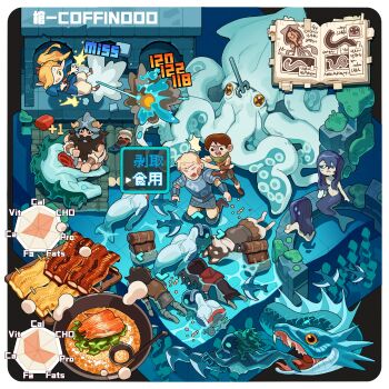3girls 5boys absurdres afloat backpack bag book bookmark border chart chilchuck_tims closed_eyes coffinooo commentary dungeon_meshi english_commentary food from_above gameplay_mechanics highres hydrokinesis isometric kabru kelpie kneeling kraken kuro_(dungeon_meshi) ladle laios_touden leviathan_(mythology) manta_ray marcille_donato meat mermaid merman monster monster_boy monster_girl moss multiple_boys multiple_girls open_book polearm rin_(dungeon_meshi) round_border scenery senshi_(dungeon_meshi) skinning suction_cups tentacles trident unworn_backpack unworn_bag water weapon white_border x_x