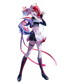 1girl :d absurdres ahoge black_boots black_gloves black_shirt black_shorts blunt_ends boots character_name clothes_writing colored_skin colored_tongue commentary cropped_jacket cropped_shirt diamond-shaped_pupils diamond_(shape) double_bun elbow_gloves full_body gloves gradient_eyes green_eyes grey_hair grey_skin hair_bun halter_shirt halterneck hand_on_own_hip hand_up headset heterochromia high_heel_boots high_heels highres hololive hololive_english hololive_indonesia jacket knee_boots kureiji_ollie looking_at_viewer midriff miniskirt mismatched_pupils multicolored_eyes multicolored_hair navel official_alternate_costume open_mouth patchwork_skin pink_hair purple_tongue red_eyes red_hair shirt short_shorts shorts simple_background single_sleeve skirt sleeveless sleeveless_shirt smile solo star-ring stitched_face stitched_leg stitched_torso stitches symbol-shaped_pupils teeth thigh_strap upper_teeth_only v virtual_youtuber white_background white_hair white_jacket white_skirt x-shaped_pupils yellow_eyes zombie