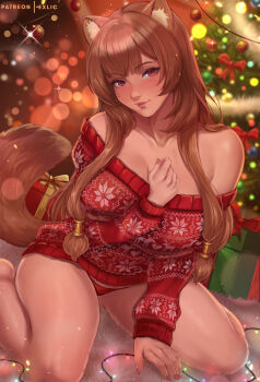1girl animal_ear_fluff animal_ears barefoot blush box breasts brown_hair christmas_tree exlic gift gift_box highres kneeling large_breasts lips long_hair looking_at_viewer no_pants off-shoulder_sweater off_shoulder panties patreon_username raccoon_ears raccoon_girl raccoon_tail raphtalia red_eyes red_panties solo sweater tail tate_no_yuusha_no_nariagari underwear