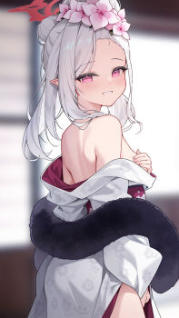 1girl bare_shoulders blue_archive blurry blurry_background breasts commentary_request covering_breasts covering_privates flower hair_flower hair_ornament halo highres indoors japanese_clothes kimono long_sleeves looking_at_viewer mutsuki_(blue_archive) mutsuki_(new_year)_(blue_archive) paid_reward_available pink_eyes pink_flower pinki_o64 pointy_ears red_halo small_breasts smile solo thighs white_hair white_kimono
