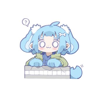 1girl :3 ? absurdres ahoge animal_hands bad_id bad_twitter_id blue_hair blue_tail blush bone_hair_ornament chibi closed_mouth commentary_request dog_girl dog_tail dot_nose extra_ears floppy_ears green_jacket hair_ornament hand_rest highres jacket mononobe_nan_(nikamoka) nikamoka o_o open_clothes open_jacket original pom_pom_(clothes) pom_pom_hair_ornament short_hair simple_background solo speech_bubble spoken_question_mark tail white_background
