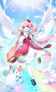 1girl 1other absurdres angel_wings aqua_bow aqua_hair beret boots bow brown_boots cloud cloudy_sky crown dress feathered_wings gradient_hair green_eyes hair_between_eyes hair_ornament hat highres holding holding_wand honkai:_star_rail honkai_(series) hyacine_(honkai:_star_rail) little_ica_(honkai:_star_rail) long_sleeves mini_crown multicolored_hair nekoto_728 open_mouth pantyhose pink_hair red_dress red_hat sky smile unicorn wand white_pantyhose white_wings wings