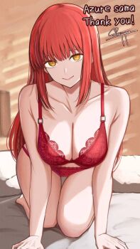 1girl all_fours bed_sheet bra breasts chainsaw_man collarbone commentary_request commission commissioner_name highres large_breasts lingerie long_hair looking_at_viewer makima_(chainsaw_man) panties red_bra red_hair red_panties ringed_eyes signature skeb_commission smile solo straight_hair surippa1010 underwear underwear_only very_long_hair yellow_eyes