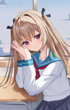 >:) 1girl absurdres adapted_costume ahoge atri atri-my_dear_moments- black_ribbon black_skirt blue_sailor_collar blush brown_hair chinese_commentary classroom closed_mouth commentary_request cowboy_shot day desk eyelashes from_side hair_between_eyes hair_intakes hair_ribbon hands_up highres indoors listjoy long_hair long_sleeves neckerchief own_hands_clasped own_hands_together pleated_skirt red_eyes red_neckerchief ribbon sailor_collar sailor_shirt school_desk school_uniform serafuku shirt sidelocks sitting skirt smile smug solo straight_hair tsurime two_side_up v-shaped_eyebrows very_long_hair white_shirt window