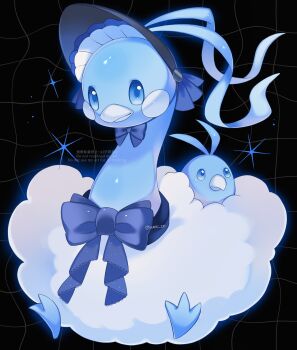 altaria animal_focus beak bird black_bonnet blue_bow bonnet bow closed_mouth dragon evolutionary_line feathers fluffy gen_3_pokemon highres iwasi_29 nintendo no_humans pokemon pokemon_(creature) pokemon_focus star_(symbol) swablu white_feathers wings