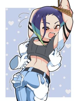 1girl absurdres armband ass back bare_shoulders black_armband black_choker blue_hair blush bob_cut bound bound_arms brown_eyes choker crop_top denim disembodied_hand grabbing_another's_ass gradient_hair grey_shirt groping highres jeans ken725011186 loose_hair_strand midriff multicolored_hair nintendo nose_blush pants perrin_(pokemon) pokemon pokemon_sv ribbed_shirt shirt short_hair sleeveless sleeveless_shirt tickling tickling_armpits tickling_butts undershirt v-neck