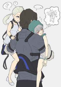 1boy 2girls ? armor artist_request belt belt_collar blush brown_hair caim_(drag-on_dragoon) cheek_press child closed_eyes collar drag-on_dragoon dreaming dress fio_(nier) hair_scarf highres lace lifting_person multiple_girls musical_note nier_(brother) nier_(series) nier_reincarnation ponytail ribbon shoes short_hair simple_background sleeping spoken_question_mark white_hair wrist_ribbon yellow_eyes yonah zzz