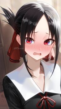 Rule 34 | 1girl, absurdres, aoi (07aoi15), backlighting, black dress, black hair, blush, commentary request, dated, dress, embarrassed, folded ponytail, hair ribbon, highres, kaguya-sama wa kokurasetai ~tensai-tachi no renai zunousen~, looking at viewer, neck, parted bangs, ponytail, red eyes, red ribbon, ribbon, school uniform, shinomiya kaguya, short hair, shuuchiin academy school uniform, sidelocks, solo, twitter username, upper body, wavy mouth