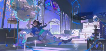 1boy 1girl \||/ absurdres ankle_boots arched_window ascot bell_jar bird_stand black_boots black_hair black_shirt blue_butterfly blue_eyes blue_flower blue_hair blue_jacket blue_petals blue_ribbon book book_stack bookshelf boots bow braid bug butterfly candelabra candle candlestand chinese_commentary closed_eyes closed_mouth commentary_request crossed_legs curtained_hair day dress expressionless facing_another falling_flower falling_petals floating floating_object flower frilled_dress frills full_body gazebo hair_bow hair_over_one_eye half_up_braid highres holding holding_book indoors insect jacket juliet_sleeves ladder landing leg_warmers lily_(flower) long_dress long_hair long_sleeves looking_at_another looking_to_the_side looking_up low_ponytail mole mole_under_eye morning_glory off_shoulder on_floor open_book original pants petals pink_flower pink_rose ponytail puffy_sleeves revision ribbon rose shirt shoe_soles shoes sidelocks sitting sleeve_cuffs smile sparkle stained_glass standing standing_on_one_leg stool suitcase sunlight sweater_guard taxidermy thigh_strap three-quarter_sleeves treasure_chest turtleneck turtleneck_shirt very_long_hair waist_cape white_ascot white_bow white_dress white_leg_warmers white_pants white_shoes wind window xixun