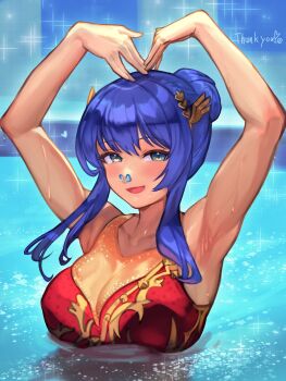 1girl alternate_costume alternate_hairstyle armpits arms_up bad_tag bare_arms blue_eyes blue_hair breasts caeda_(fire_emblem) commission dancing fire_emblem fire_emblem:_mystery_of_the_emblem fire_emblem:_shadow_dragon_and_the_blade_of_light hair_bun highres large_breasts looking_at_viewer mixed-language_commentary nintendo nose_clip ocean one-piece_swimsuit outdoors partially_submerged pool r123 red_one-piece_swimsuit single_hair_bun skeb_commission smile solo sparkle swimming swimsuit synchronized_swimming water wet