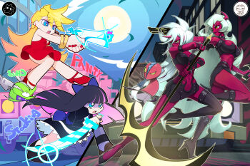 4girls 95hoody absurdres aiming artist_collaboration battle black_dress black_shoes black_skirt black_thighhighs blonde_hair blue_bow blue_eyes blue_hair boots bow breasts brown_shoes building car chuck_(psg) city cleavage clothing_cutout cloud colored_inner_hair colored_skin commentary demon_horns dog dress earrings english_commentary fastener_(psg) green_hair gun hair_bow high_heel_boots high_heels highres holding holding_gun holding_scythe holding_weapon hoop_earrings horns jewelry kneesocks_(psg) large_breasts long_hair looking_at_another moon motor_vehicle multicolored_hair multiple_girls night open_mouth panty_&amp;_stocking_with_garterbelt panty_(psg) pink_hair red_dress red_shoes red_skin sadstar115 scanty_(psg) scythe see-through_(psg) shoes single_thighhigh skirt sky split_screen stocking_(psg) stomach_cutout striped_clothes striped_thighhighs sword thighhighs weapon