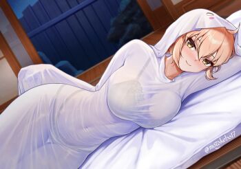 1girl ahoge blonde_hair blush breasts covered_navel dress fate/grand_order fate_(series) ghost_costume highres large_breasts long_sleeves looking_at_viewer lying motokebo17 okita_souji_(fate) on_side short_hair smile solo veil white_dress yellow_eyes