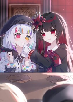 4girls beret black_hair blunt_bangs bow closed_mouth collared_shirt flower food food_on_face hair_flower hair_ornament hands_up hasumi_leia hat heterochromia highres holding_napkin indoors jogasaki_noah ksjsa kurobe_nanoka light_particles long_hair long_sleeves looking_at_another mahou_shoujo_no_majo_saiban multi-tied_hair multicolored_hair multiple_girls napkin necktie nikaido_hiro open_mouth out_of_frame plate polka_dot polka_dot_bow red_eyes red_flower red_necktie shirt sidelighting smile spoon streaked_hair table upper_body white_hair white_shirt wiping_mouth yellow_eyes