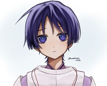 Rule 34 | 1boy, amhr 46, blunt ends, choppy bangs, clothing cutout, genshin impact, head tilt, japanese clothes, kariginu, kimono, light blush, looking at viewer, male focus, parted lips, portrait, purple eyes, purple hair, purple kimono, purple pupils, purple sleeves, scaramouche (genshin impact), scaramouche (kabukimono) (genshin impact), shoulder cutout, solo, straight-on, twitter username, white background, white mouth