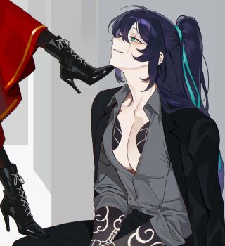 1boy 1girl arm_tattoo black_jacket black_pantyhose blush boots chest_tattoo collared_shirt femdom gold_trim grey_background grey_shirt hair_ribbon hetero heterochromia high_heels highres hong_lu_(project_moon) irezumi jacket jacket_on_shoulders kurokumo_clan_(identity)_(project_moon) lace-up_boots limbus_company long_hair long_skirt looking_up moony_(past_desiderium) oc_x_canon on_floor open_mouth out_of_frame own_hands_together pants pantyhose past_desiderium patent_boots patent_heels pectoral_cleavage pectorals project_moon red_skirt ribbon role_reversal scar scar_across_eye scar_on_face shirt sidelocks skirt sleeves_rolled_up smile stiletto_boots stiletto_heels tattoo toned toned_male