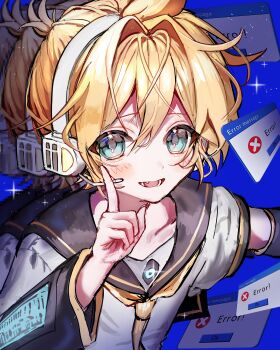 1boy absurdres aegyo_sal aqua_eyes bishounen black_arm_warmers black_sailor_collar blonde_hair blue_background blush error_message glint hair_between_eyes hair_intakes hand_up headphones headset highres kagamine_len len_02 light_particles looking_at_viewer male_focus memeshii_(utau) neckerchief open_mouth pixelated pointing pointing_up recurring_image sailor_collar shirt short_hair short_sleeves sidelocks smile solo sparkle upper_body vocaloid white_shirt window_(computing) yellow_neckerchief yellow_trim