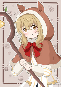 Rule 34 | 1girl, brown eyes, capelet, commentary, fur-trimmed capelet, fur trim, highres, holding, hood, hooded capelet, looking at viewer, mitya, monica everett, silent witch, smile, solo, staff