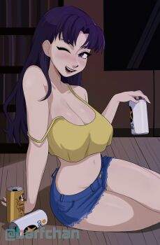 1girl absurdres barfchan beer_can blush breasts can cleavage crop_top denim drink_can female_focus highres holding holding_can katsuragi_misato large_breasts long_hair matching_hair/eyes midriff navel neon_genesis_evangelion no_bra on_floor one_eye_closed open_mouth parted_bangs purple_eyes purple_hair short_shorts shorts sitting smile solo tank_top wink yebisu