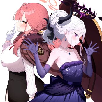 2girls aru_(blue_archive) black_horns black_skirt blue_archive blush breasts brown_coat brown_horns coat coat_on_shoulders commentary_request demon_horns dress earrings elbow_gloves evening_gown from_side fur-trimmed_coat fur_trim gloves grin halo high-waist_skirt highres hina_(blue_archive) hina_(dress)_(blue_archive) horns jewelry kakinarchiveman large_breasts long_hair long_sleeves looking_at_viewer low_horns multiple_girls multiple_horns official_alternate_costume official_alternate_hairstyle orange_halo pendant purple_dress purple_eyes purple_gloves red_hair shirt simple_background skirt smile strapless strapless_dress white_background white_gloves white_hair white_shirt yellow_eyes