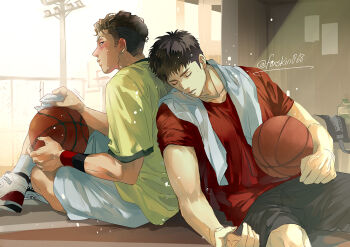 2boys back-to-back ball basketball_(object) black_shorts blush brown_hair collarbone commentary_request foxskin068 male_focus mitsui_hisashi miyagi_ryouta multiple_boys outdoors parted_lips red_shirt shirt shoes short_hair shorts sitting slam_dunk_(series) sneakers towel towel_around_neck undercut white_shorts yaoi yellow_shirt