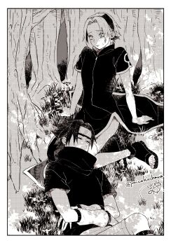 1boy 1girl black_boots black_hair black_shoes boots breasts closed_eyes crossed_arms detached_sleeves dress forest full_body greyscale hairband haruno_sakura headband hetero highres lap_pillow medium_breasts miwokirihana monochrome naruto_(classic) naruto_(series) nature open-toe_boots parted_bangs pelvic_curtain screentones shoes short_hair short_sleeves spiked_hair sweatdrop tree uchiha_sasuke under_tree upper_body