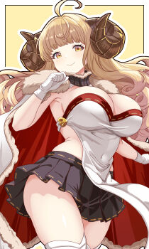 Rule 34 | ahoge, anila (granblue fantasy), black skirt, blonde hair, blush, breasts, cape, cleavage, commentary request, curled horns, curly hair, daiichi (k daiiti), draph, gloves, granblue fantasy, highres, horns, large breasts, long hair, looking at viewer, pleated skirt, red trim, shirt, skirt, smile, thick thighs, thighhighs, thighs, white gloves, white shirt, yellow eyes, yellow trim