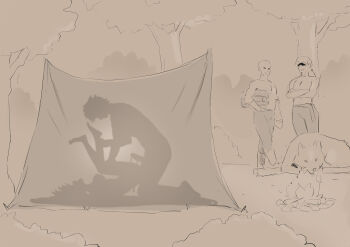 1girl 3boys absurdres aftersex animal barefoot breasts bush cafin commentary cum english_commentary fireplace greyscale hetero highres kneeling large_breasts league_of_legends lying monochrome multiple_boys nipples on_back outdoors penis sex taliyah tent topless_male tree wolf