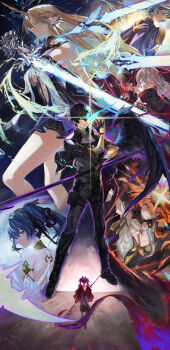 1boy 6+girls absurdres armor augusta_(wuthering_waves) bare_shoulders black_dress black_gloves black_hair black_jacket black_pants black_wings blonde_hair blue_eyes blue_hair breastplate breasts cleavage commentary dress earrings english_commentary flaming_eye fleurdelys_(wuthering_waves) floating_earrings gloves grey_shirt hand_up highres holding holding_polearm holding_sword holding_weapon horns instrument iuno_(wuthering_waves) jacket jewelry looking_ahead lupa_(wuthering_waves) male_rover_(wuthering_waves) multiple_girls music mya_(wuthering_waves) nadenadesuki orange_hair pants phrolova_(wuthering_waves) playing_instrument pointy_ears polearm rover_(wuthering_waves) shirt single_horn single_wing sword tacet_mark_(wuthering_waves) violin weapon wings wuthering_waves yellow_horns