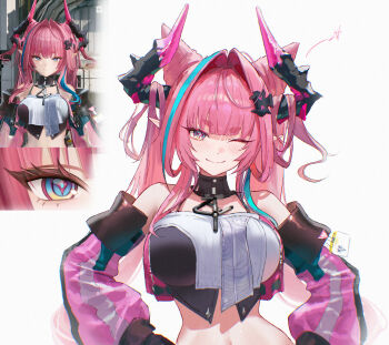 1girl absurdres aqua_eyes arknights arknights:_endfield bare_shoulders breasts commentary crop_top detached_sleeves diamond-shaped_pupils diamond_(shape) english_commentary grey_eyes hair_intakes highres horns large_breasts looking_at_viewer midriff multicolored_hair multicolored_horns navel pink_hair pointy_ears reference_inset simple_background smile solo streaked_hair symbol-shaped_pupils two-tone_hair two-tone_horns uof upper_body white_background yvonne_(arknights)