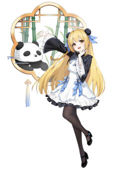 Rule 34 | 1girl, :d, absurdres, arm up, bamboo, black pantyhose, black shoes, black shrug, block heels, blonde hair, blue bow, bow, braid, bun cover, closers, collared shrug, crop top, double bun, full body, hair bow, hair bun, hands up, high-waist skirt, highres, lattice, layered skirt, leg up, long hair, looking at viewer, lucy (closers), mandarin collar, mary janes, midriff peek, miniskirt, official art, open mouth, panda, pantyhose, shirt, shoes, shrug (clothing), side braid, skirt, skirt bow, smile, solo, standing, standing on one leg, tachi-e, v, white background, white shirt, wide sleeves, window, yellow eyes