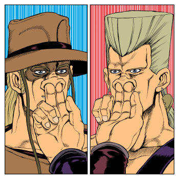 2boys ashiro_(collective-mind) blonde_hair collarbone comic commentary_request cowboy_hat crosshatching earrings finger_in_another&#039;s_nose flattop grey_hair hat hatching_(texture) hol_horse jean_pierre_polnareff jewelry jojo_no_kimyou_na_bouken long_hair male_focus multiple_boys silent_comic stardust_crusaders