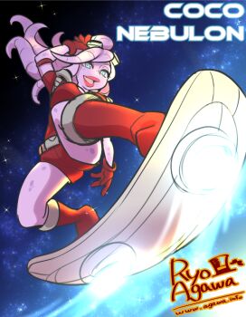 1girl agawa_ryou alien artist_name awesomenauts bad_id bad_tumblr_id blue_eyes boots character_name coco_nebulon colored_skin female_focus gloves goggles goggles_on_head hoverboard lips lipstick long_hair makeup pink_hair pink_skin red_gloves shorts solo space tentacle_hair watermark web_address