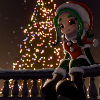 1girl arm_support blush boots breasts brown_boots capelet christmas christmas_lights christmas_tree dress fur-trimmed_boots fur-trimmed_capelet fur-trimmed_dress fur-trimmed_headwear fur_trim gloves green_gloves green_hair green_pantyhose hat long_hair looking_at_viewer medium_breasts nintendo octoling octoling_girl octoling_player_character octopus_girl pantyhose pointy_ears pom_pom_(clothes) railing red_capelet red_dress red_eyes red_hat santa_costume santa_dress santa_hat short_sleeves sitting smile snow soandnb splatoon_(series) tentacle_hair tree
